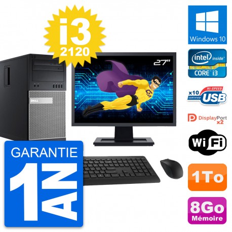 PC Tour Dell 9010 Ecran 27" Intel i3-2120 RAM 8Go Disque Dur 1To Windows 10 Wifi