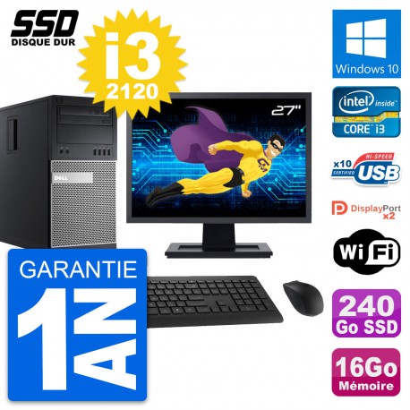 PC Tour Dell 9010 Ecran 27" Intel i3-2120 RAM 16Go SSD 240Go Windows 10 Wifi
