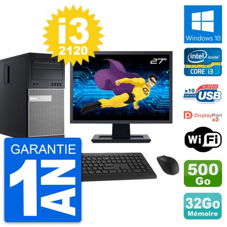 PC Tour Dell 9010 Ecran 27" Intel i3-2120 RAM 32Go Disque 500Go Windows 10 Wifi