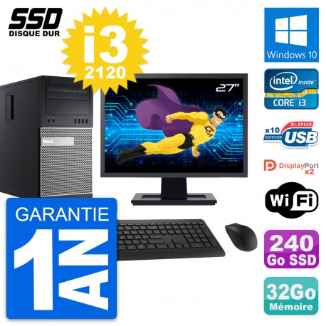 PC Tour Dell 9010 Ecran 27" Intel i3-2120 RAM 32Go SSD 240Go Windows 10 Wifi