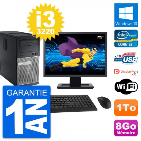PC Tour Dell 9010 Ecran 19" Intel i3-3220 RAM 8Go Disque Dur 1To Windows 10 Wifi