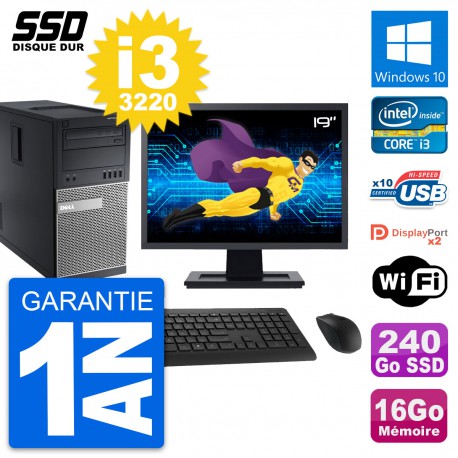 PC Tour Dell 9010 Ecran 19" Intel i3-3220 RAM 16Go SSD 240Go Windows 10 Wifi