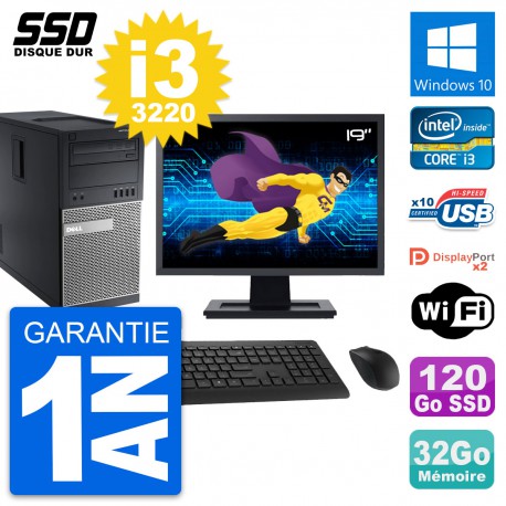 PC Tour Dell 9010 Ecran 19" Intel i3-3220 RAM 32Go SSD 120Go Windows 10 Wifi