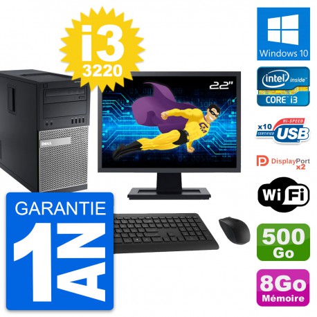 PC Tour Dell 9010 Ecran 22" Intel i3-3220 RAM 8Go Disque 500Go Windows 10 Wifi