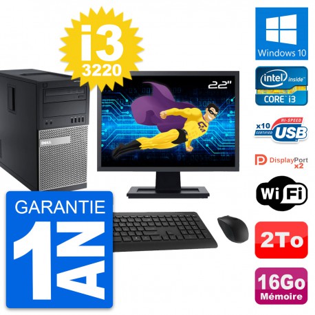 PC Tour Dell 9010 Ecran 22" Intel i3-3220 RAM 16Go Disque 2To Windows 10 Wifi