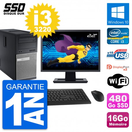 PC Tour Dell 9010 Ecran 22" Intel i3-3220 RAM 16Go SSD 480Go Windows 10 Wifi