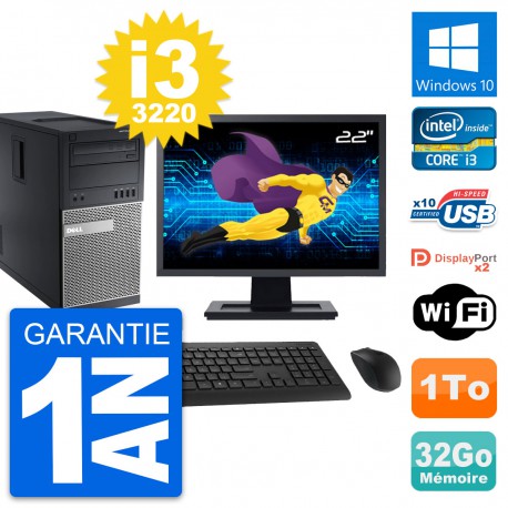 PC Tour Dell 9010 Ecran 22" Intel i3-3220 RAM 32Go Disque 1To Windows 10 Wifi