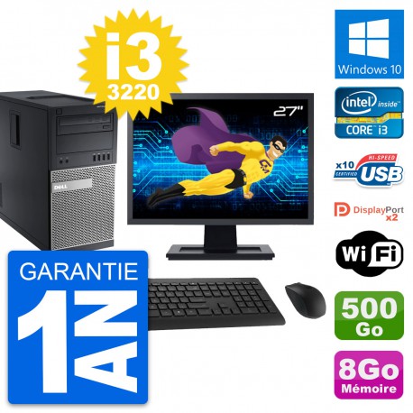 PC Tour Dell 9010 Ecran 27" Intel i3-3220 RAM 8Go Disque 500Go Windows 10 Wifi