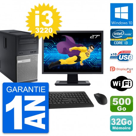 PC Tour Dell 9010 Ecran 27" Intel i3-3220 RAM 32Go Disque 500Go Windows 10 Wifi
