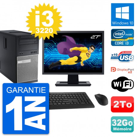 PC Tour Dell 9010 Ecran 27" Intel i3-3220 RAM 32Go Disque 2To Windows 10 Wifi