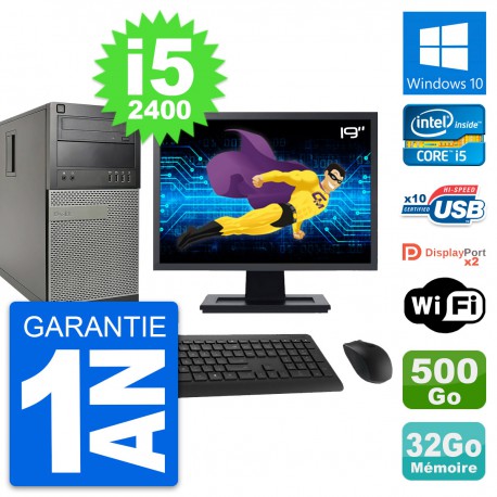PC Tour Dell 9010 Ecran 19" Intel i5-2400 RAM 32Go Disque 500Go Windows 10 Wifi