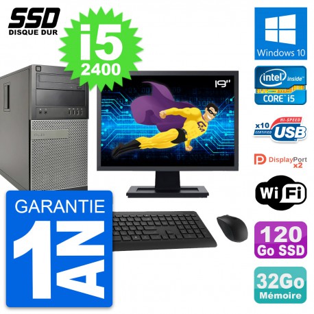 PC Tour Dell 9010 Ecran 19" Intel i5-2400 RAM 32Go SSD 120Go Windows 10 Wifi