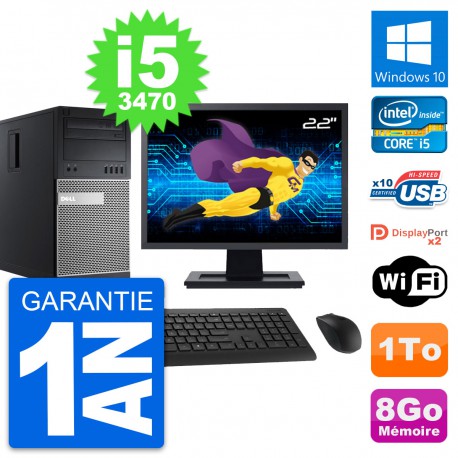 PC Tour Dell 9010 Ecran 22" Intel i5-3470 RAM 8Go Disque Dur 1To Windows 10 Wifi