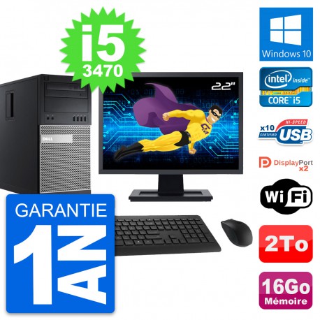 PC Tour Dell 9010 Ecran 22" Intel i5-3470 RAM 16Go Disque 2To Windows 10 Wifi