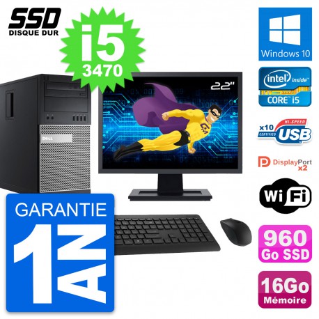PC Tour Dell 9010 Ecran 22" Intel i5-3470 RAM 16Go SSD 960Go Windows 10 Wifi
