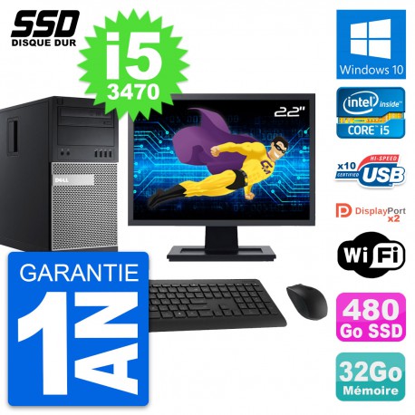 PC Tour Dell 9010 Ecran 22" Intel i5-3470 RAM 32Go SSD 480Go Windows 10 Wifi
