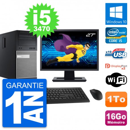 PC Tour Dell 9010 Ecran 27" Intel i5-3470 RAM 16Go Disque 1To Windows 10 Wifi