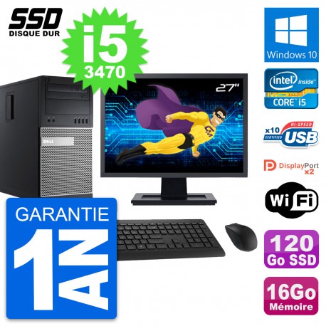 PC Tour Dell 9010 Ecran 27" Intel i5-3470 RAM 16Go SSD 120Go Windows 10 Wifi