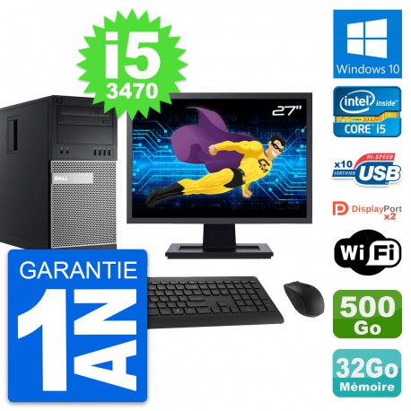 PC Tour Dell 9010 Ecran 27" Intel i5-3470 RAM 32Go Disque 500Go Windows 10 Wifi