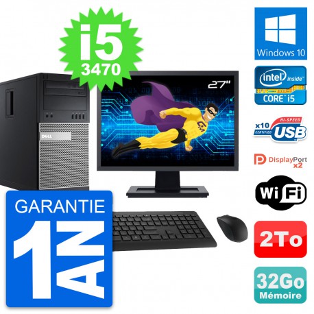 PC Tour Dell 9010 Ecran 27" Intel i5-3470 RAM 32Go Disque 2To Windows 10 Wifi