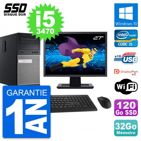 PC Tour Dell 9010 Ecran 27" Intel i5-3470 RAM 32Go SSD 120Go Windows 10 Wifi