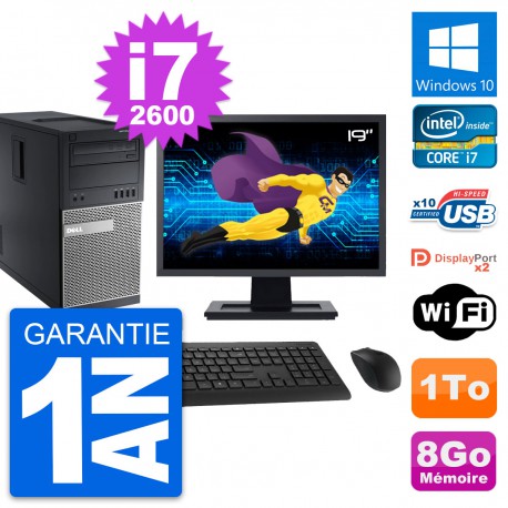 PC Tour Dell 9010 Ecran 19" Intel i7-2600 RAM 8Go Disque Dur 1To Windows 10 Wifi