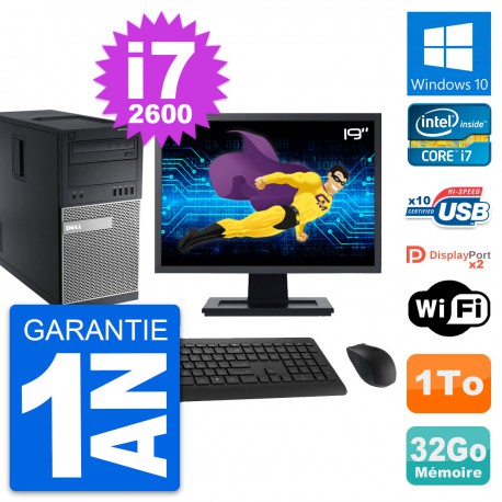 PC Tour Dell 9010 Ecran 19" Intel i7-2600 RAM 32Go Disque 1To Windows 10 Wifi