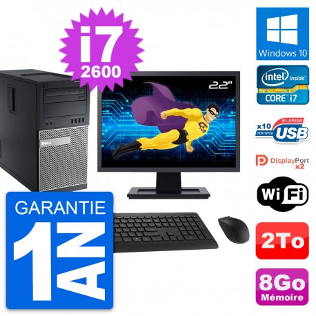 PC Tour Dell 9010 Ecran 22" Intel i7-2600 RAM 8Go Disque Dur 2To Windows 10 Wifi