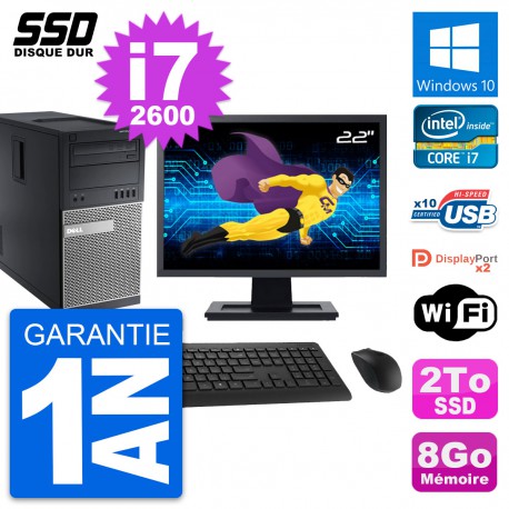 PC Tour Dell 9010 Ecran 22" Intel Core i7-2600 RAM 8Go SSD 2To Windows 10 Wifi