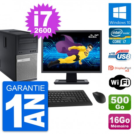 PC Tour Dell 9010 Ecran 22" Intel i7-2600 RAM 16Go Disque 500Go Windows 10 Wifi