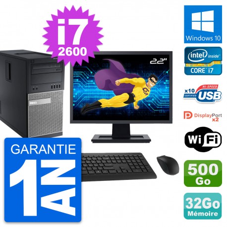 PC Tour Dell 9010 Ecran 22" Intel i7-2600 RAM 32Go Disque 500Go Windows 10 Wifi