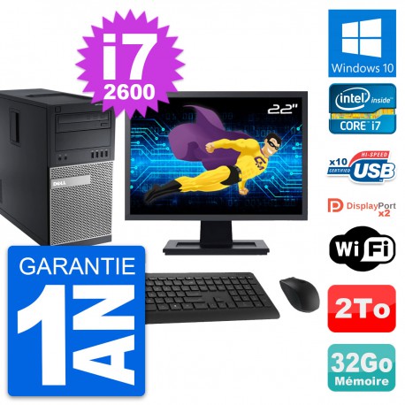 PC Tour Dell 9010 Ecran 22" Intel i7-2600 RAM 32Go Disque 2To Windows 10 Wifi