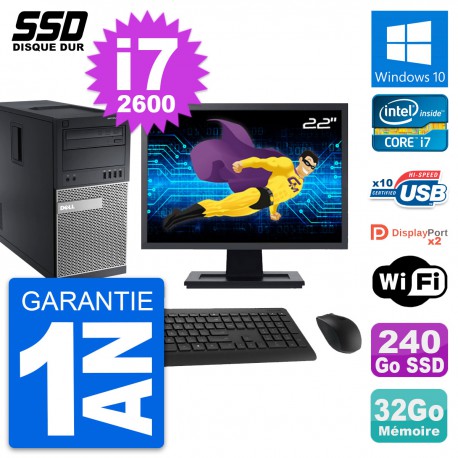 PC Tour Dell 9010 Ecran 22" Intel i7-2600 RAM 32Go SSD 240Go Windows 10 Wifi
