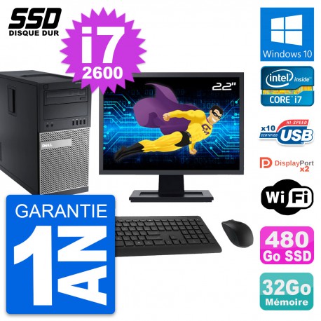 PC Tour Dell 9010 Ecran 22" Intel i7-2600 RAM 32Go SSD 480Go Windows 10 Wifi