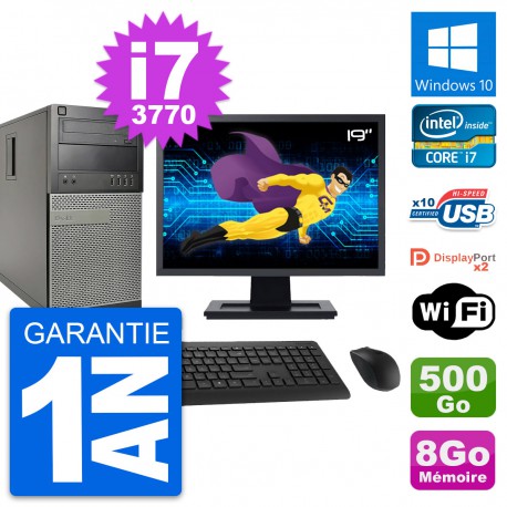 PC Tour Dell 9010 Ecran 19" Intel i7-3770 RAM 8Go Disque 500Go Windows 10 Wifi