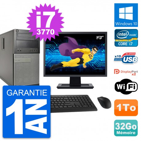 PC Tour Dell 9010 Ecran 19" Intel i7-3770 RAM 32Go Disque 1To Windows 10 Wifi