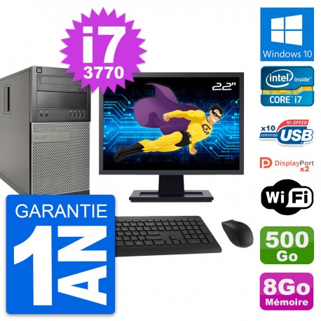 PC Tour Dell 9010 Ecran 22" Intel i7-3770 RAM 8Go Disque 500Go Windows 10 Wifi