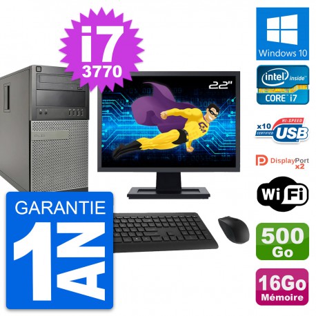 PC Tour Dell 9010 Ecran 22" Intel i7-3770 RAM 16Go Disque 500Go Windows 10 Wifi