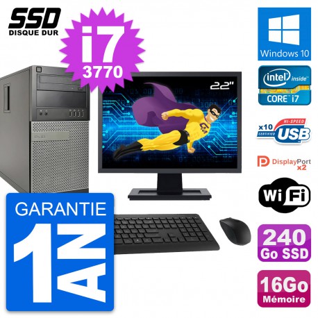 PC Tour Dell 9010 Ecran 22" Intel i7-3770 RAM 16Go SSD 240Go Windows 10 Wifi