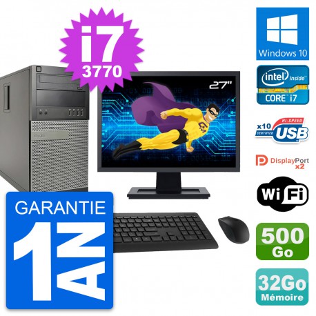 PC Tour Dell 9010 Ecran 27" Intel i7-3770 RAM 32Go Disque 500Go Windows 10 Wifi