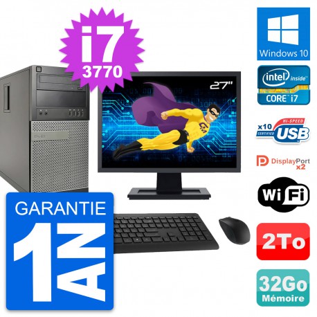 PC Tour Dell 9010 Ecran 27" Intel i7-3770 RAM 32Go Disque 2To Windows 10 Wifi