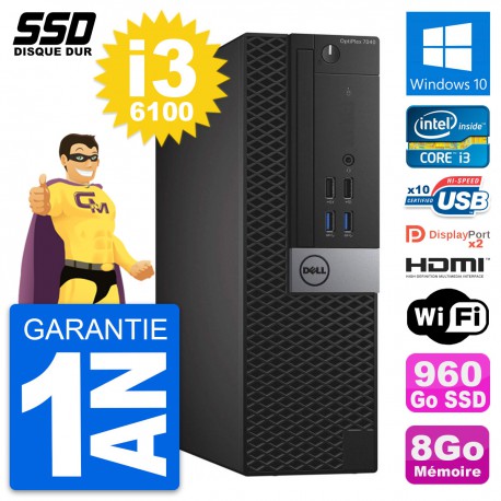 PC Dell OptiPlex 7040 SFF Intel i3-6100 RAM 8Go SSD 960Go HDMI Windows 10 Wifi