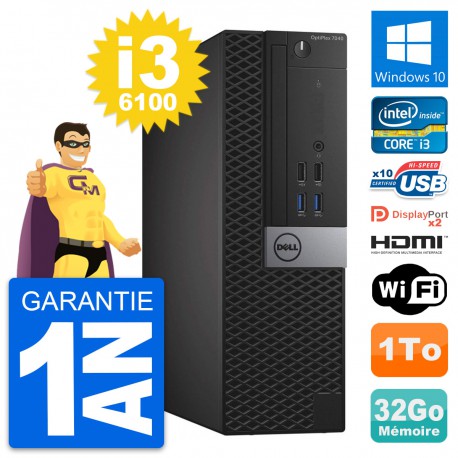 PC Dell OptiPlex 7040 SFF Core i3-6100 RAM 32Go Disque 1To HDMI Windows 10 Wifi