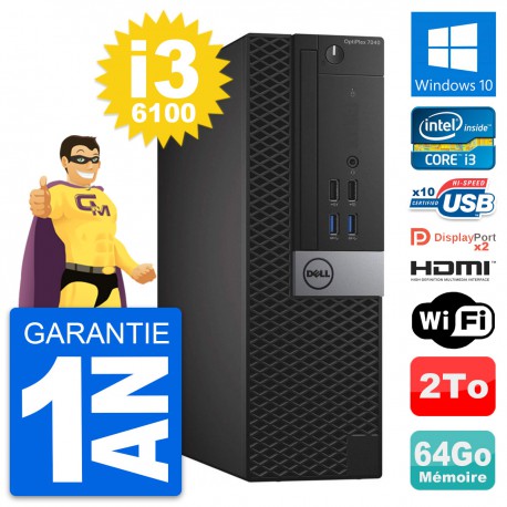 PC Dell OptiPlex 7040 SFF Core i3-6100 RAM 64Go Disque 2To HDMI Windows 10 Wifi