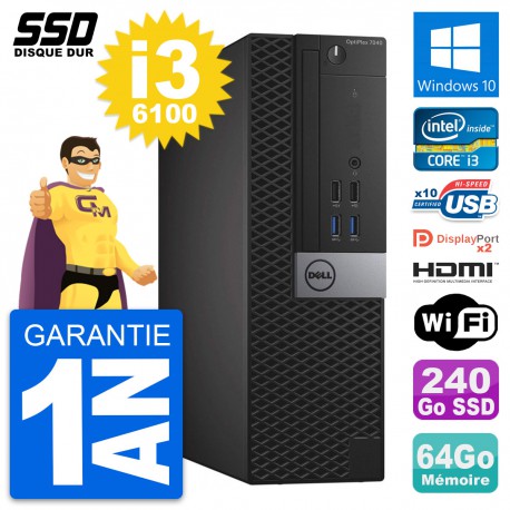 PC Dell OptiPlex 7040 SFF Core i3-6100 RAM 64Go SSD 240Go HDMI Windows 10 Wifi