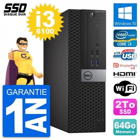 PC Dell OptiPlex 7040 SFF Intel i3-6100 RAM 64Go SSD 2To HDMI Windows 10 Wifi
