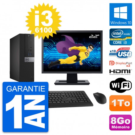 PC Dell 7040 SFF Ecran 22" Core i3-6100 RAM 8Go Disque 1To HDMI Windows 10 Wifi