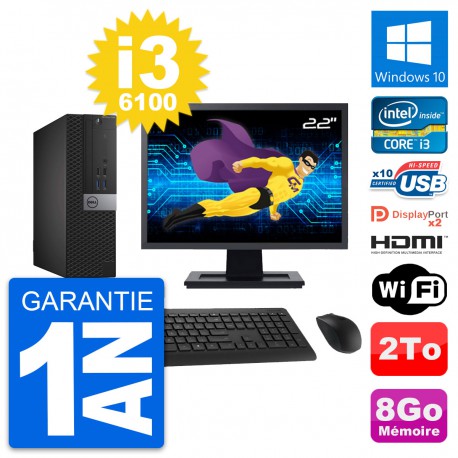 PC Dell 7040 SFF Ecran 22" Core i3-6100 RAM 8Go Disque 2To HDMI Windows 10 Wifi