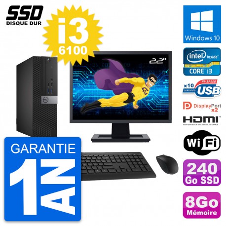 PC Dell 7040 SFF Ecran 22" Intel i3-6100 RAM 8Go SSD 240Go HDMI Windows 10 Wifi