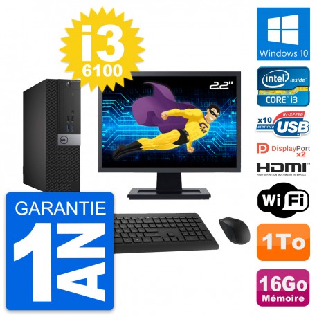 PC Dell 7040 SFF Ecran 22" i3-6100 RAM 16Go Disque 1To HDMI Windows 10 Wifi
